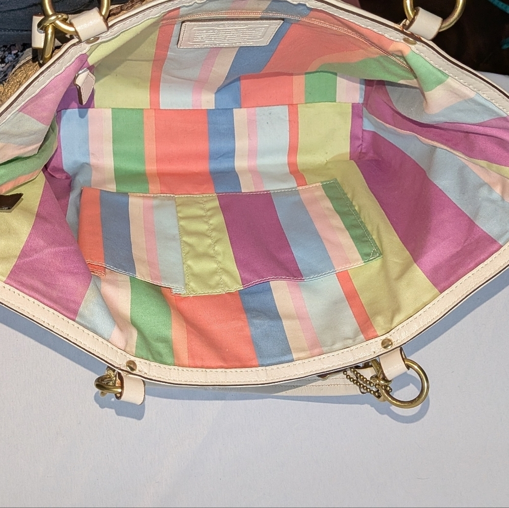 Coach Hampton Tote Peach Ivory White Straw Flower Handbag Large Metallic Basket - Picture 15 of 16
